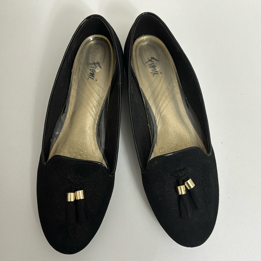 Fioni Gillian Black Faux Suede Loafer with Tassel